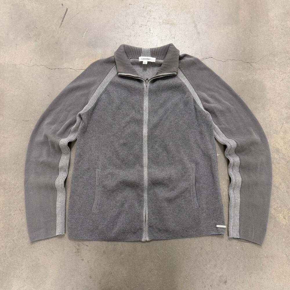Calvin Klein Full Zip Knit Sweater Jacket Grey Minimalist Y2K Large